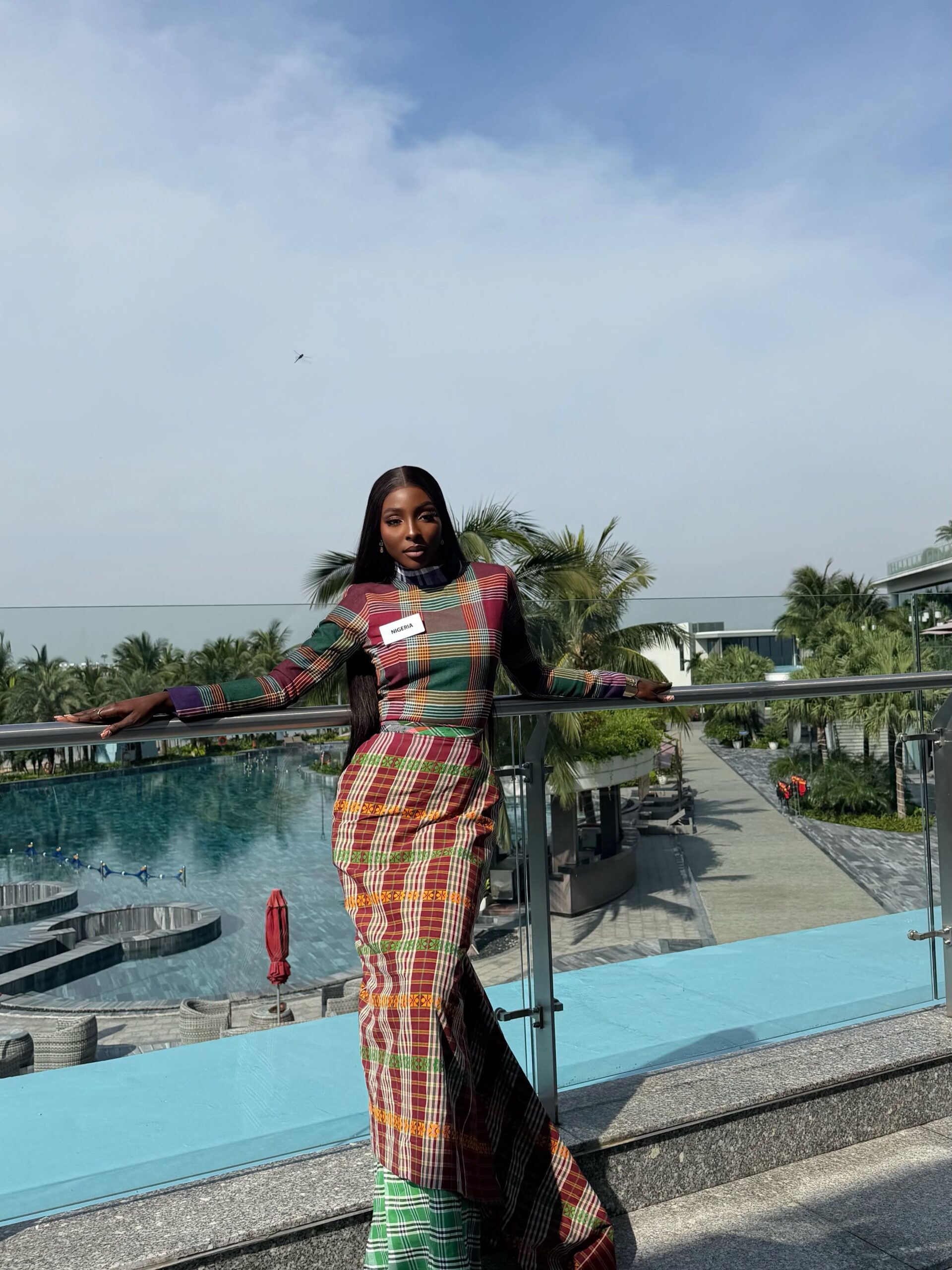 Queen Soye wearing an Ikwere-inspired contemporary fashion look at the 73rd Miss World Festival